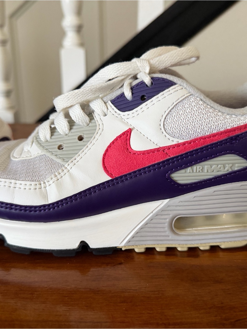 Nike White Sneakers with Purple Trim and Pink Swoosh